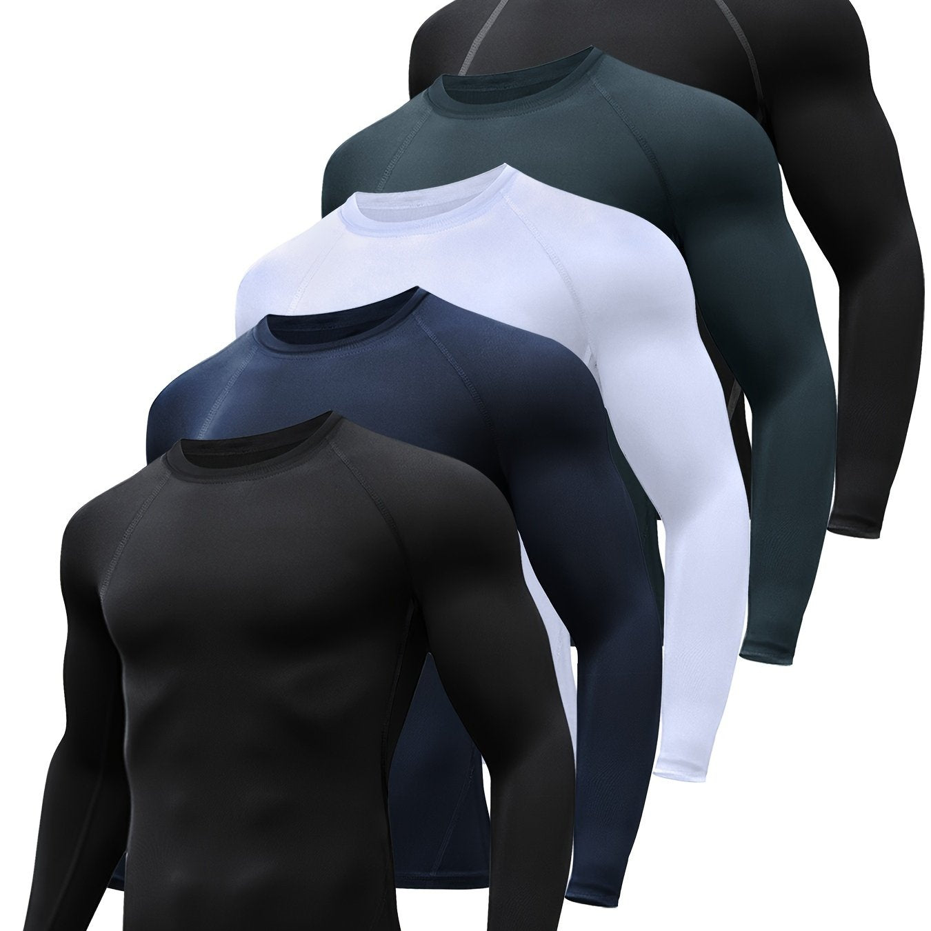 [HOPLYNN Compression Shirts] 5pcs HOPLYNN Men's Compression Shirts - Breathable Polyester Blend, Long Sleeve Athletic Base Layer Tops for Workout & Outdoor Activities, Machine Washable