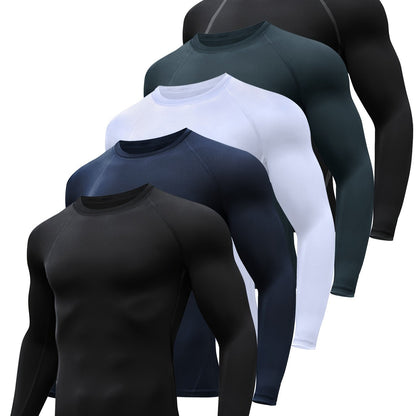 [HOPLYNN Compression Shirts] 5pcs HOPLYNN Men's Compression Shirts - Breathable Polyester Blend, Long Sleeve Athletic Base Layer Tops for Workout & Outdoor Activities, Machine Washable