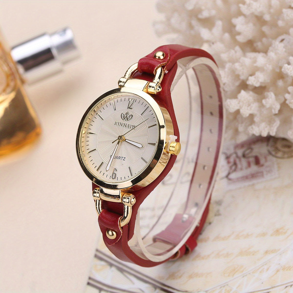Elegant Quartz Ladies Watch - Boho Chic Leather Strap, Japanese Movement, Shock-Resistant with Stud Embellishments