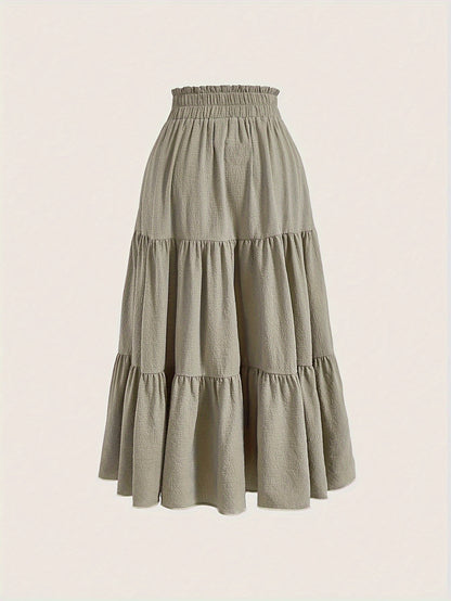 Solid Tie Waist Tiered Skirt, Casual Elastic Waist Skirt For Spring & Fall, Women's Clothing