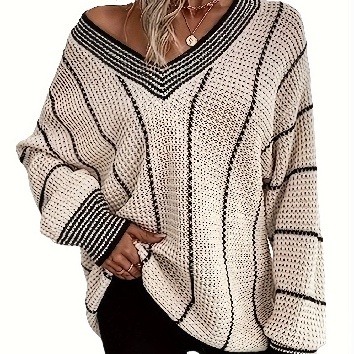 Striped V Neck Oversized Sweater, Casual Long Sleeve Comfy Sweater, Women's Clothing