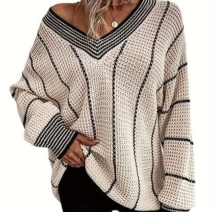 Striped V Neck Oversized Sweater, Casual Long Sleeve Comfy Sweater, Women's Clothing