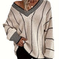 Striped V Neck Oversized Sweater, Casual Long Sleeve Comfy Sweater, Women's Clothing