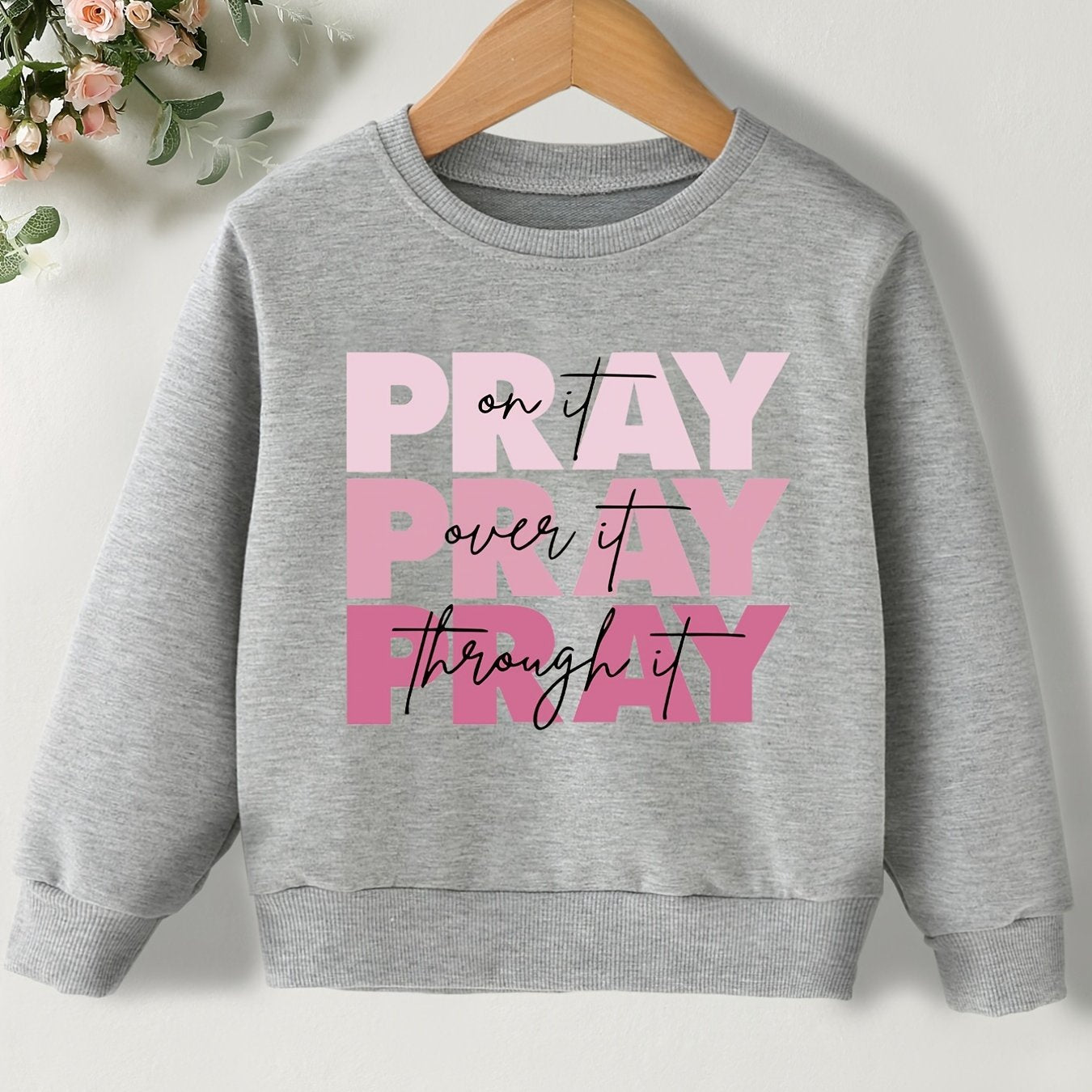 Letter ''PRAY'' Pattern Round Neck Sweatshirt For Girls, Daily Casual Party Long Sleeve Top Pullovers For Children Kids
