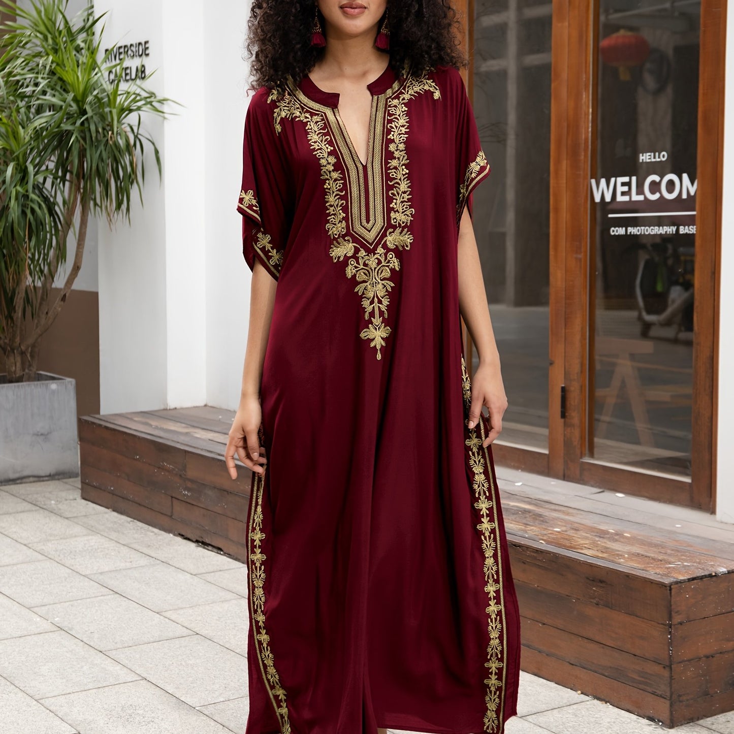 Bohemian Golden Embroidered Plus Size Maxi Dress with Bat Sleeves for Ramadan