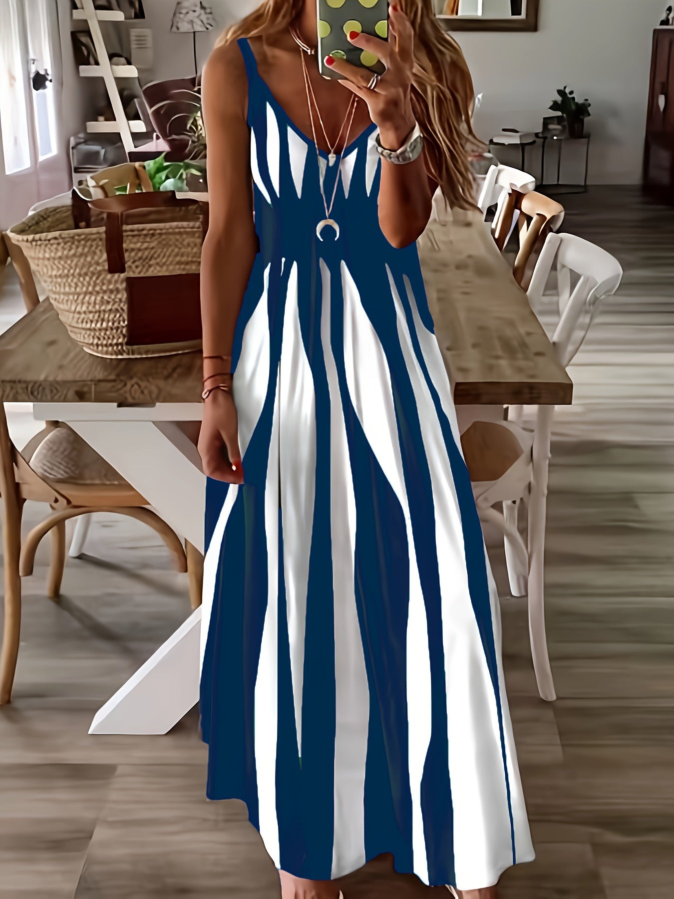 Vibrant Geo Print Deep V Neck Modest Sun Dress - Soft Micro Elastic Polyester Fabric, Machine Washable, Sleeveless, Spaghetti Strap, Perfect for Summer - Womens Casual Wear