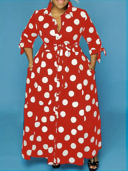 Elegant Plus Size Polka Dots Print Maxi Dress - Women's Button Up Collared Belted