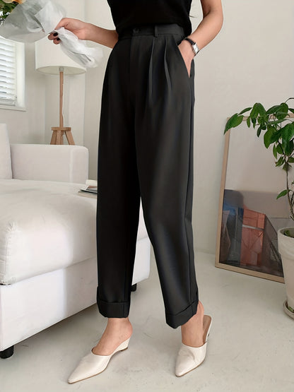 Chic Solid High Waist Pleated Pants - Flattering Draped Design, Straight Leg, Casual Style - Perfect for Womens Wardrobe