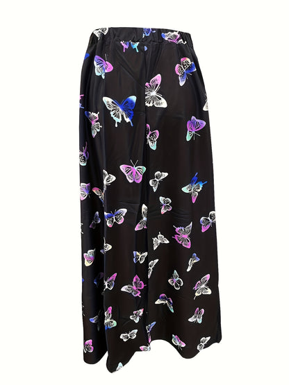 Plus Size Elegant Skirt, Women's Plus Floral Print Elastic High Rise Slight Stretch A-line Maxi Skirt