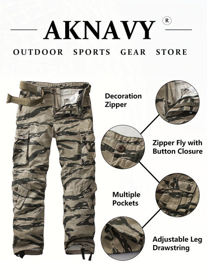 Loose Fit Camo Pattern Cargo Pants - Zipper Fly, Multi Flap Pocket, Non-Stretch Cotton Fabric - Casual Weekend Outdoor Pants for Men, Mid Waist, Regular Length, All-Season Wear