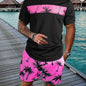 2Pcs Men's Tropical Coconut Tree Print Casual Outfits - Crew Neck Short Sleeve T-shirt & Drawstring Shorts Set - For Summer Vacation & Resorts - Men's Clothing