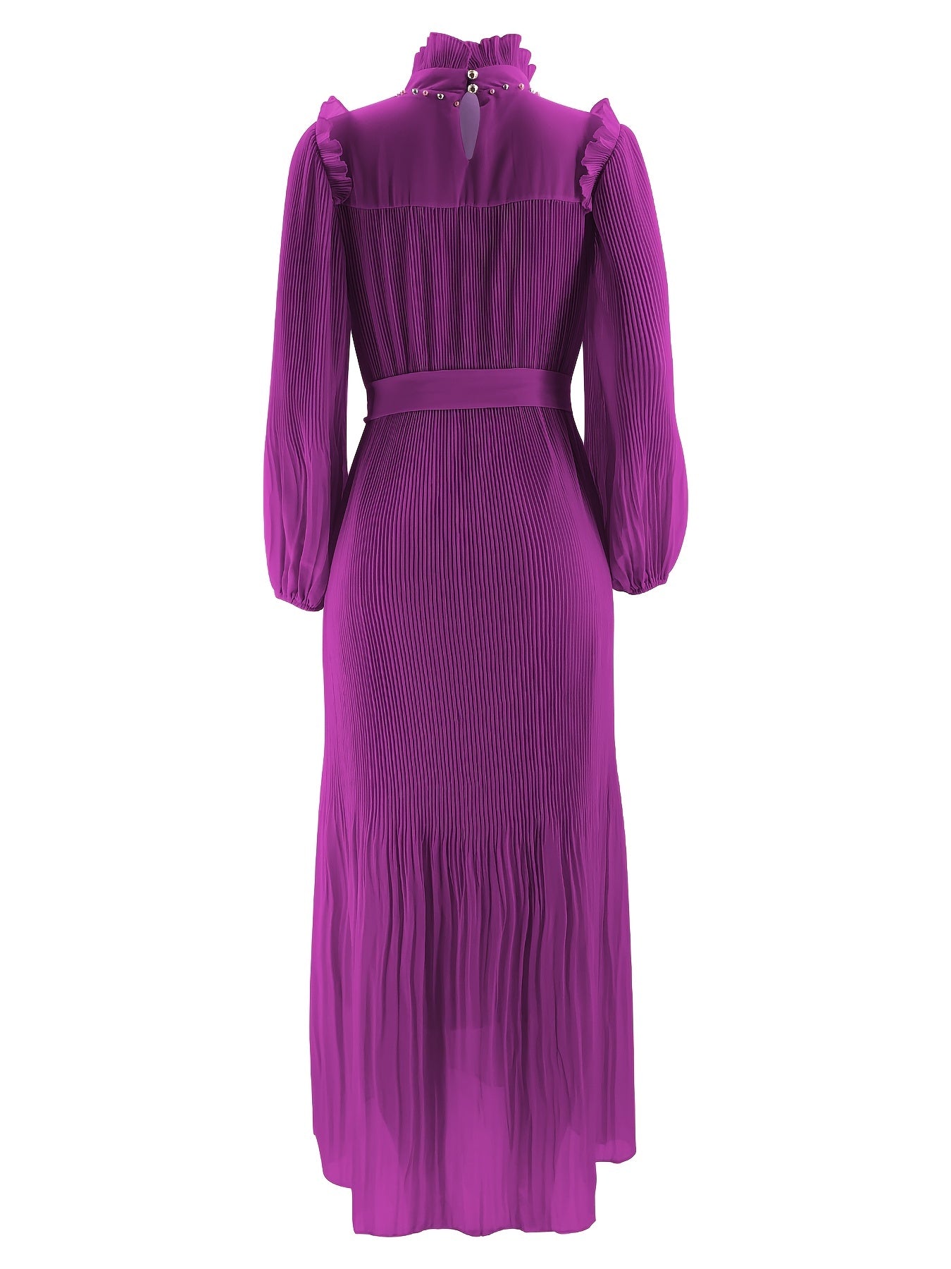 Elegant Pleated Maxi Dress for Women - Solid Color, Belted Waist, Long Sleeve, Machine Washable - Perfect for Ramadan & Casual Attire