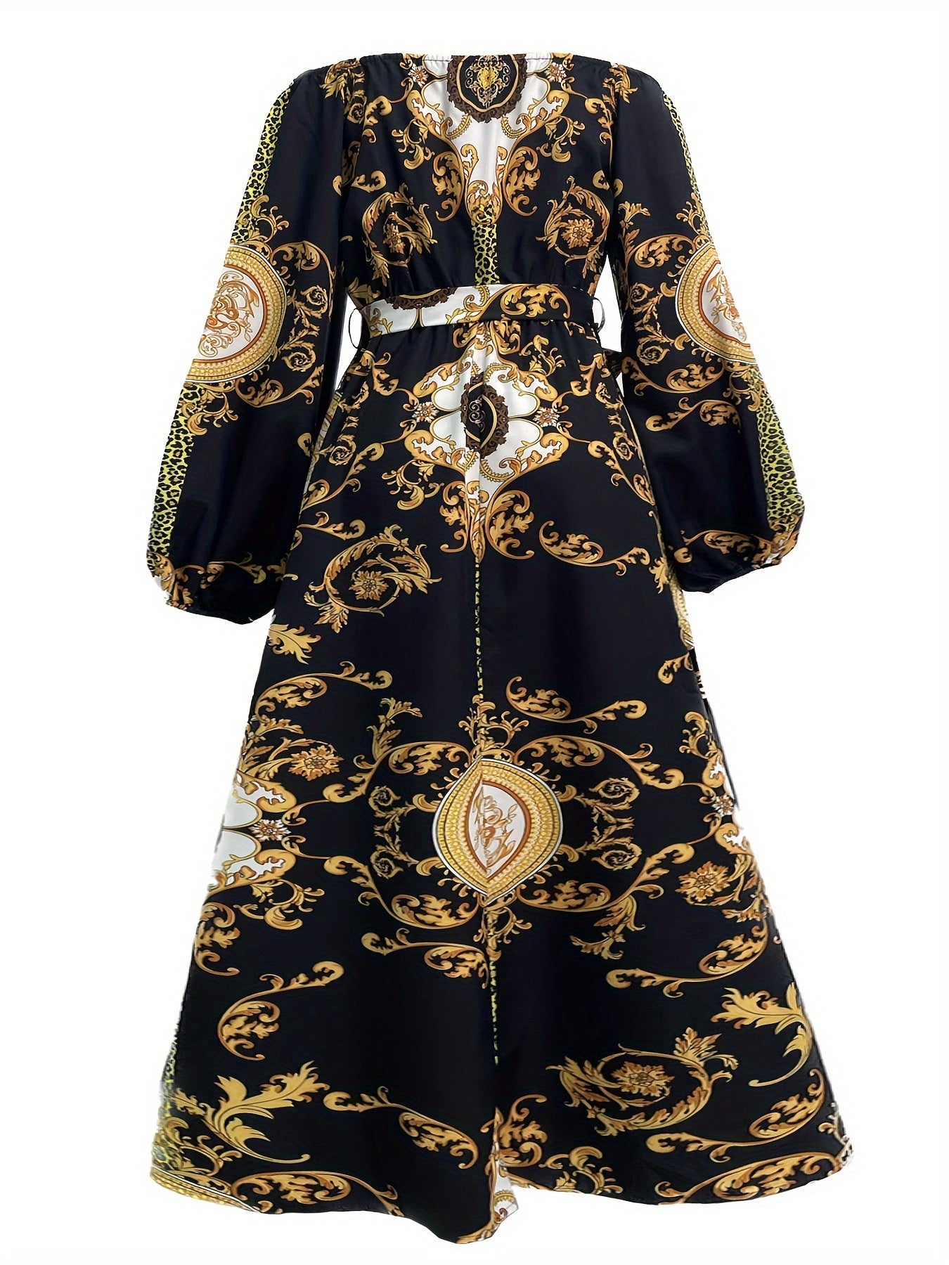 Vintage Off Shoulder Tribal Print Belted Women's Swing Aline Dress with Ruffle Hem Lantern Sleeve