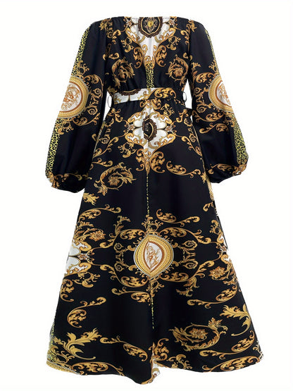 Vintage Off Shoulder Tribal Print Belted Women's Swing Aline Dress with Ruffle Hem Lantern Sleeve