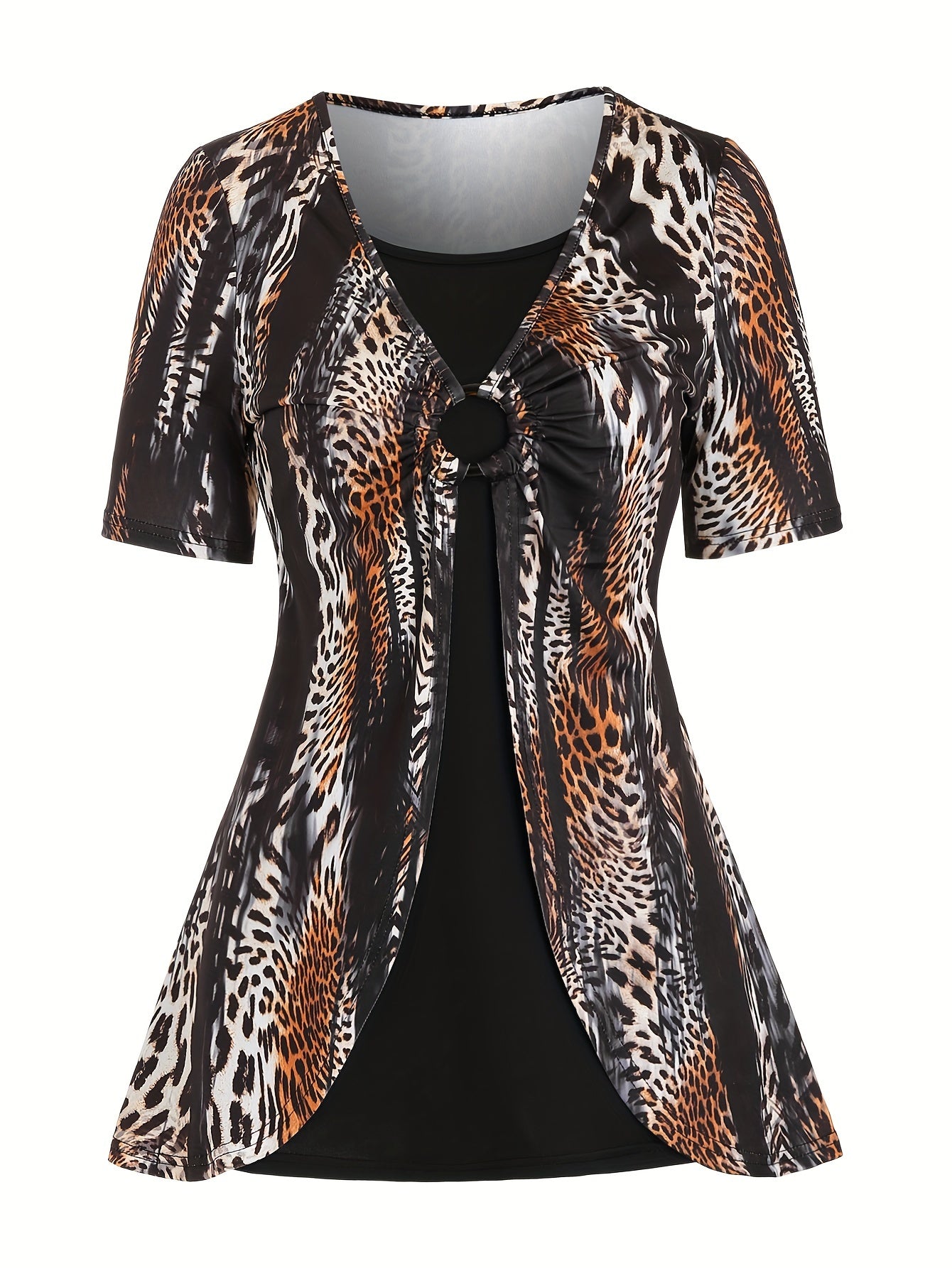 Boho Chic 2-in-1 Leopard Print Top - Casual Crew Neck, Durable Knit, Mid-Elasticity Tee for Spring/Summer/Fall