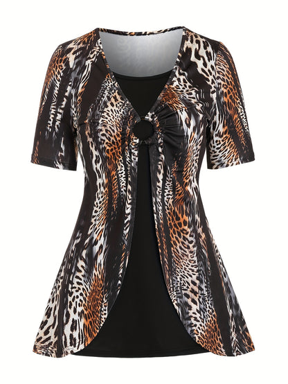 Boho Chic 2-in-1 Leopard Print Top - Casual Crew Neck, Durable Knit, Mid-Elasticity Tee for Spring/Summer/Fall