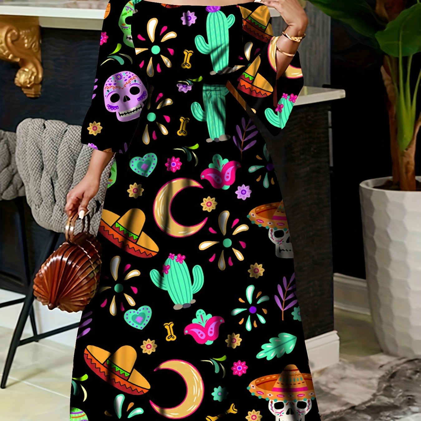 Vintage Off Shoulder Tribal Print Belted Women's Swing Aline Dress with Ruffle Hem Lantern Sleeve