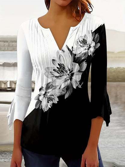 Versatile Floral-Patterned Knit Top – Comfortable Stretch, Easy-Care, Irregular Cuff Detail, Ideal for Spring to Fall