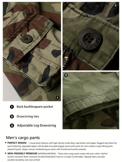 Mens Cotton Camo Cargo Pants - Durable & Stylish with Multi-Flap Pockets - Straight Leg, Loose Fit Tactical Pants for Outdoor Adventures, Work, Hiking, Fishing & Angling