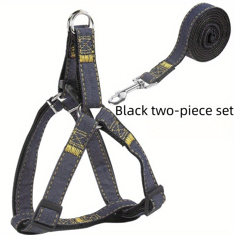 [Small to Large Adjustable Harness] Denim Dog Harness and Leash Set - Adjustable, Comfort Fit for Small to Large Breeds - Durable Polyester Material, Pulling Rope, Teddy