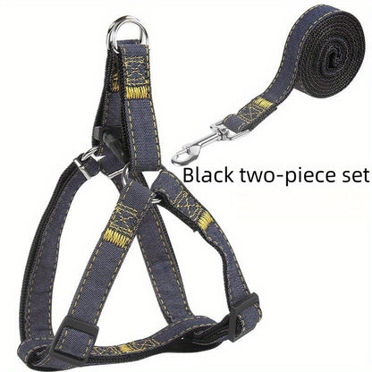 [Small to Large Adjustable Harness] Denim Dog Harness and Leash Set - Adjustable, Comfort Fit for Small to Large Breeds - Durable Polyester Material, Pulling Rope, Teddy