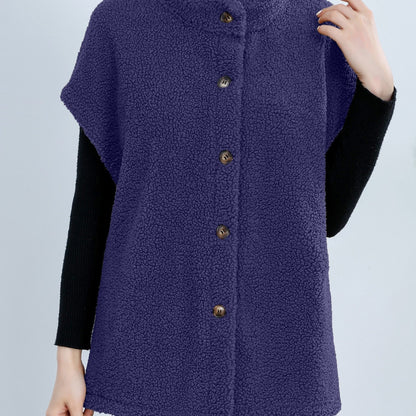 Womens Chic Button Front Teddy Vest - Lightweight Fleece, Short Sleeve, Solid Colors - Perfect for Layering, Stylish & Versatile Wardrobe Staple