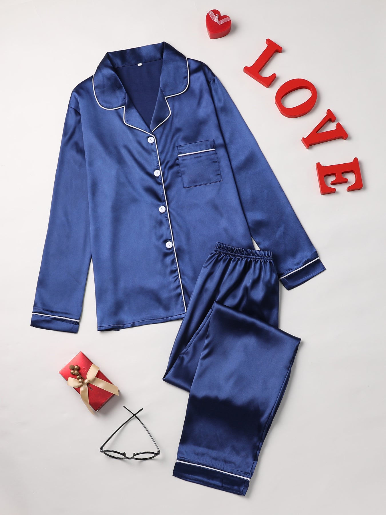 Solid Pajama Set, Long Sleeve Button Up Lapel Top & Pants Pj Set, Women's Sleepwear & Loungewear