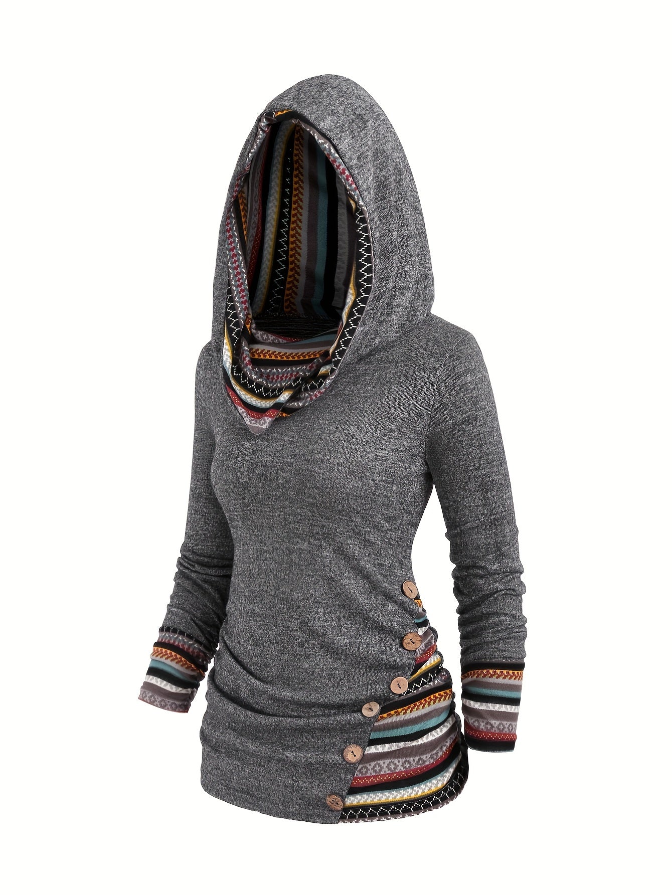 Trendy Womens Stripe Hoodie with Button Accent - Casual Long Sleeve Splicing Design - Comfortable & Stylish Fashion Clothing