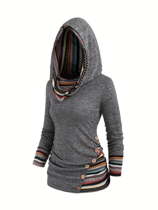 Trendy Womens Stripe Hoodie with Button Accent - Casual Long Sleeve Splicing Design - Comfortable & Stylish Fashion Clothing