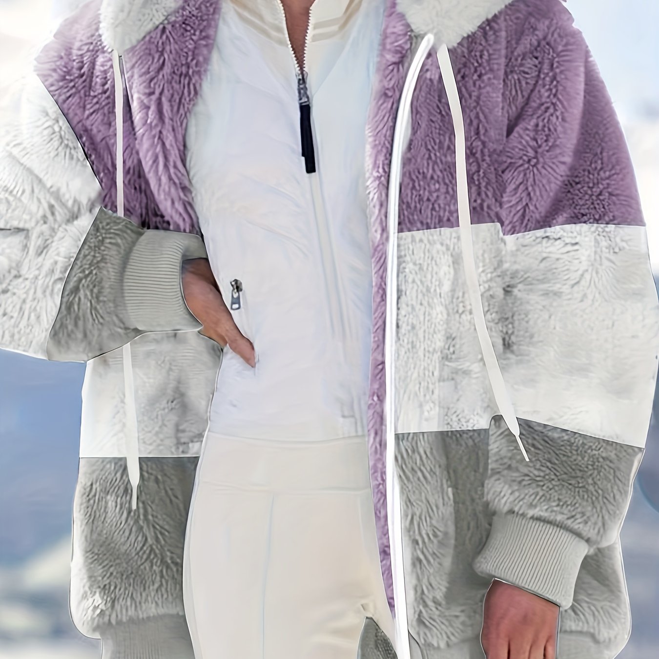 Plus Size Colorblock Fuzzy Hoodie Drawstring Zip Up Coat, Women's Plus Pocket Casual Overcoat