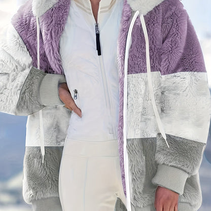 Plus Size Colorblock Fuzzy Hoodie Drawstring Zip Up Coat, Women's Plus Pocket Casual Overcoat