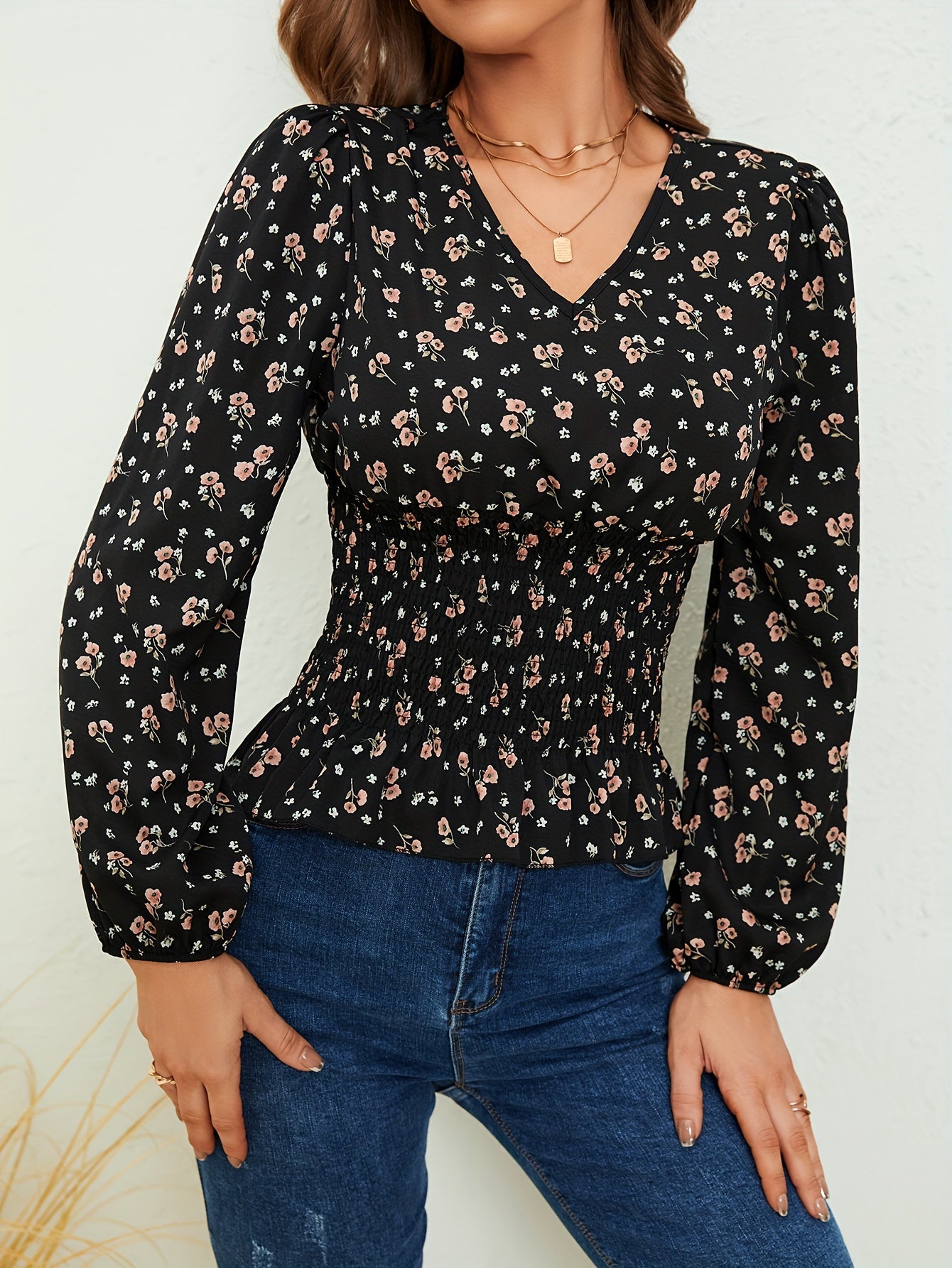 Ditsy Floral Print Shirred Blouse, Elegant Long Sleeve V Neck Blouse, Women's Clothing