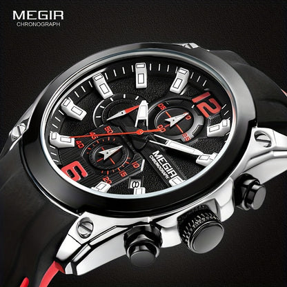 Megir Men's Chronograph Analog Quartz Watch - Date Function, Luminous Display, Soft Silicone Rubber Strap, Stylish Wristwatch Ideal for Gifts, Everyday Wear