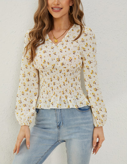 Ditsy Floral Print Shirred Blouse, Elegant Long Sleeve V Neck Blouse, Women's Clothing