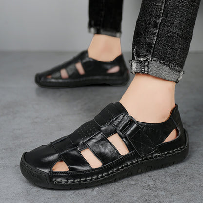 Men's Retro Brown Faux Leather Sandals - Adjustable Hook and Loop Fastener, Non-Slip Rubber Sole, Comfortable Open-Toe Slides for Outdoor Hiking, Trekking, Beach Wear | Spring/Summer/Autumn