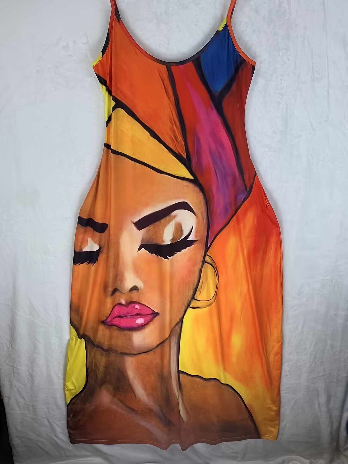 Figure Print Dress, Sexy Spaghetti Strap Backless Maxi Dress, Women's Clothing