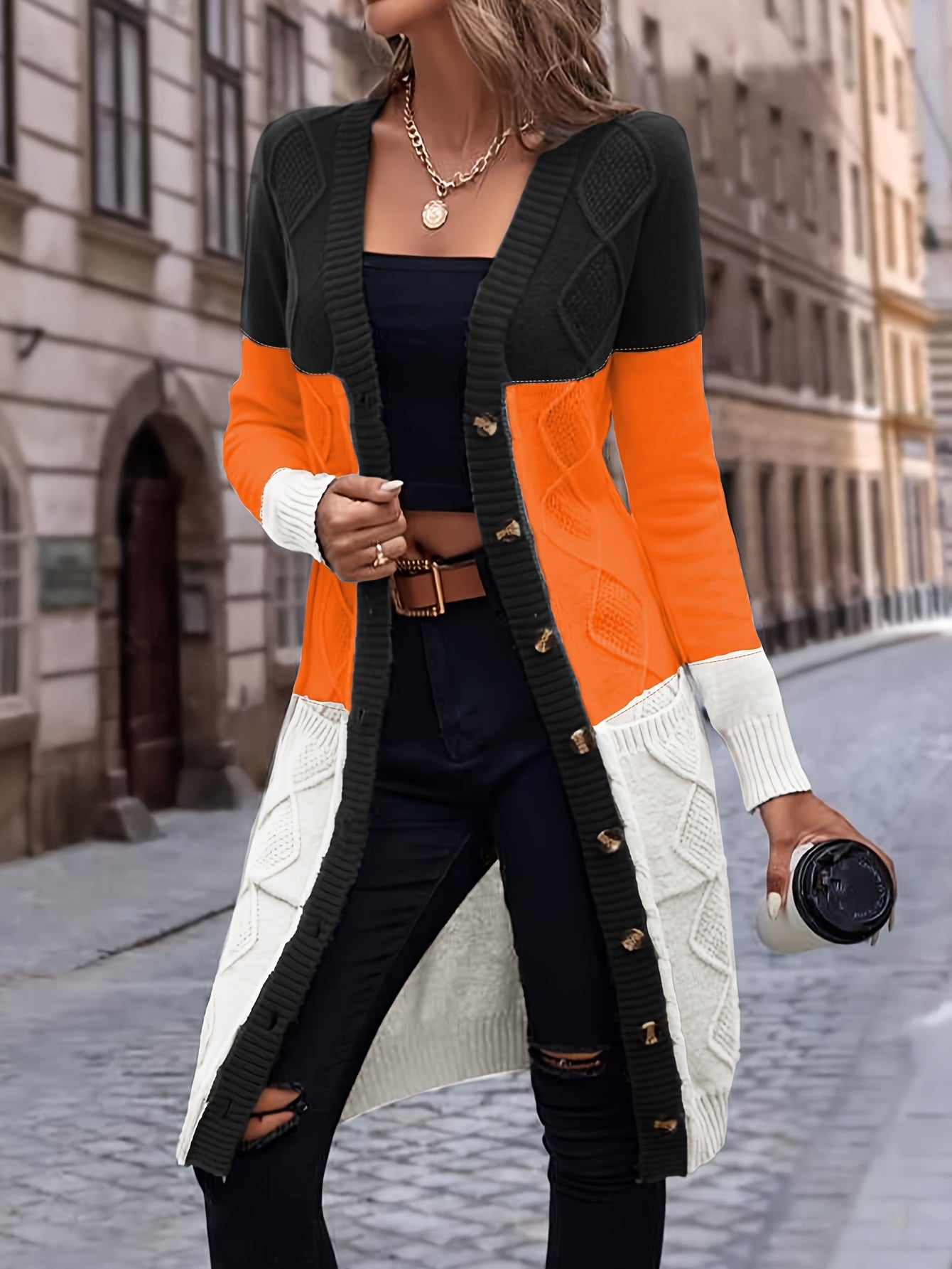 Womens Color Block Cardigan Sweater - Soft Knit, Button Up, Long Sleeve with Pockets - Stylish Casual Wear for Everyday