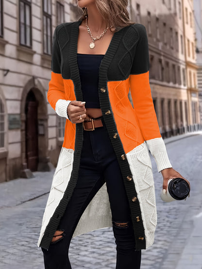 Womens Color Block Cardigan Sweater - Soft Knit, Button Up, Long Sleeve with Pockets - Stylish Casual Wear for Everyday