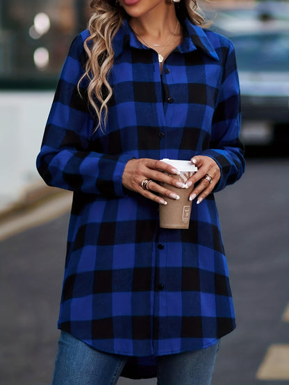 Plaid Print Classic Shirt, Casual Button-Front, Long Sleeve, Women's