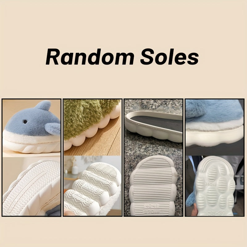 Men's Casual Cute Shark Design Slippers, Non-slip Warm Plus Fleece Home Shoes for Autumn And Winter, Thick Sole, Plush, Couple, ASIFN