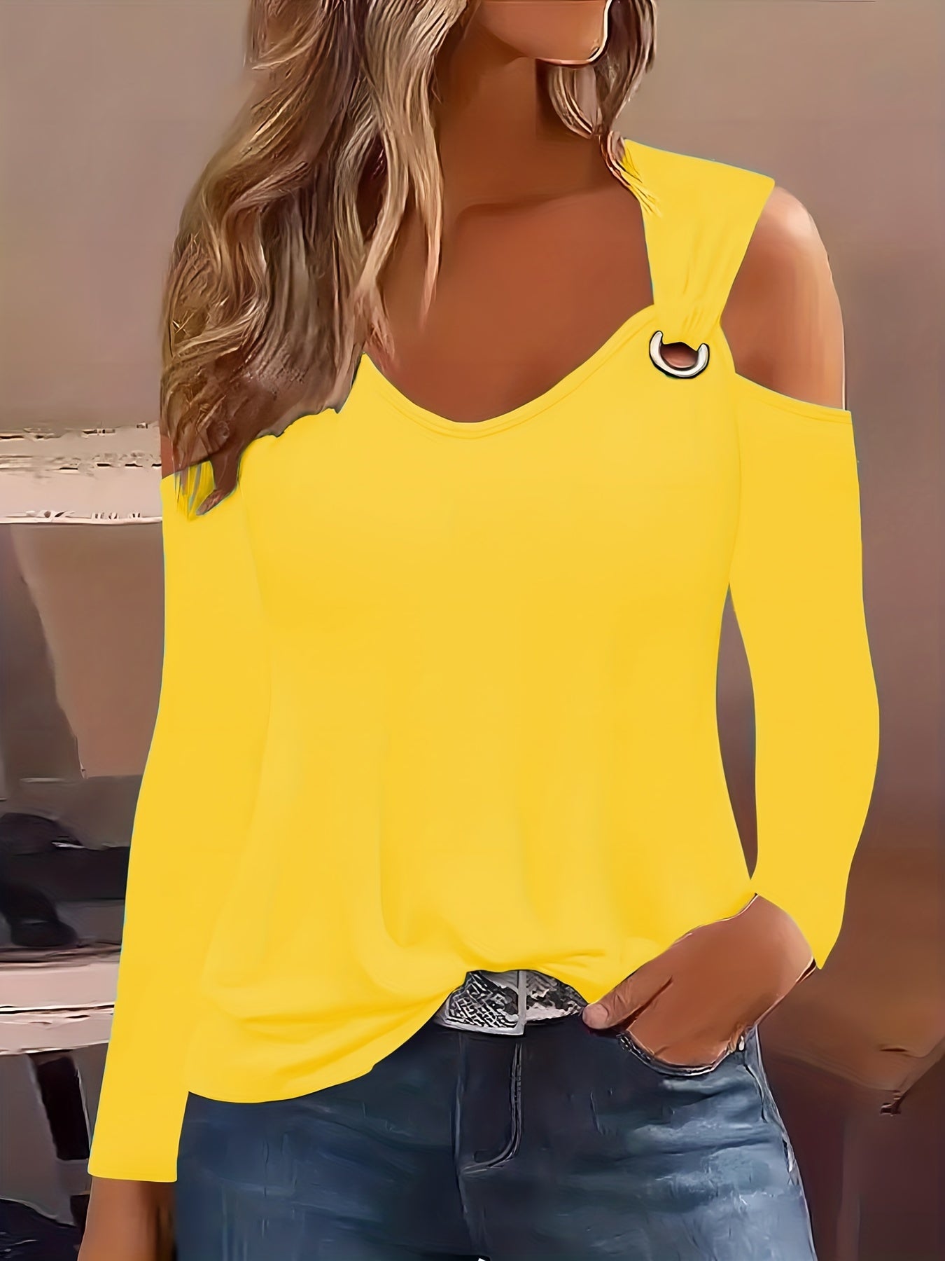 Solid Ring Detail Crew Neck T-Shirt, Casual Cold Shoulder Long Sleeve Top For Spring & Fall, Women's Clothing