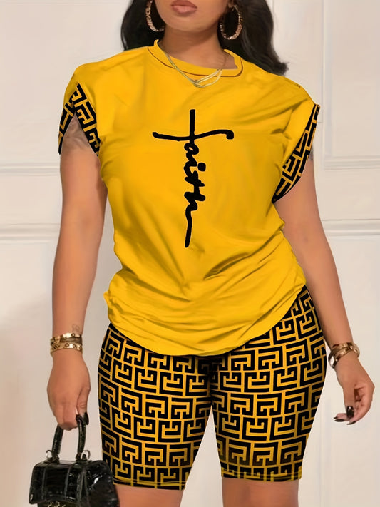 Womens Trendy Letter Print Pajama Set - Soft Short Sleeve Crew Neck Top & Shorts - Lightweight Sleepwear for Casual Lounging and Nighttime Comfort