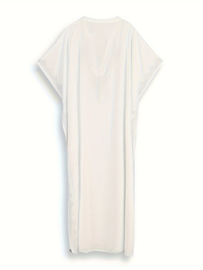 Bohemian Golden Embroidered Plus Size Maxi Dress with Bat Sleeves for Ramadan