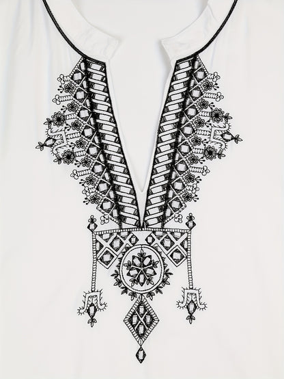 Bohemian Golden Embroidered Plus Size Maxi Dress with Bat Sleeves for Ramadan