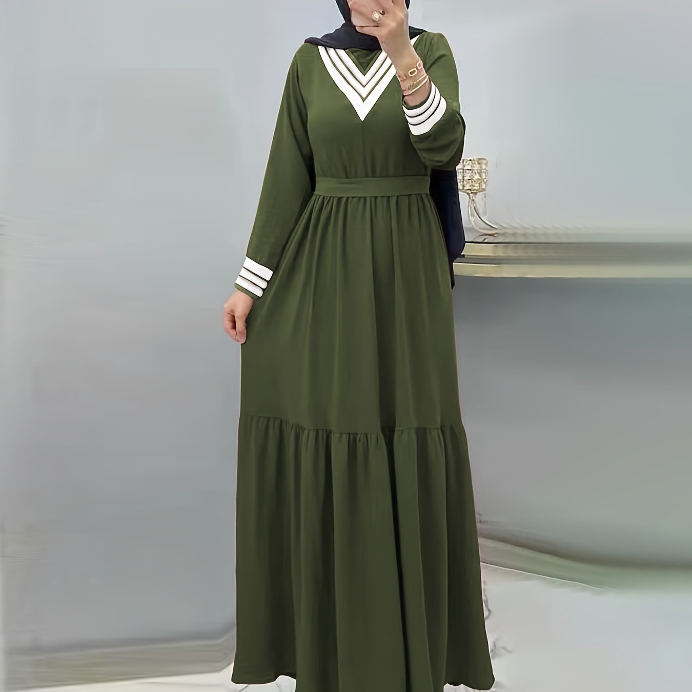Ramadan Elegant Long Sleeve Tie Waist Maxi Modest Dress - Abayas for Women with Solid Color, Comfortable Wear, and Modest Fashion - Perfect for Islamic Occasions and Everyday Wear