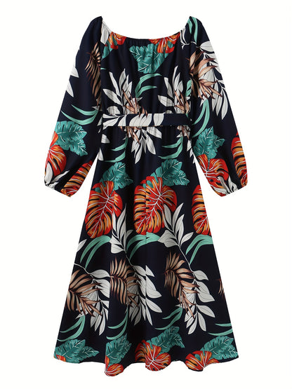 Vintage Off Shoulder Tribal Print Belted Women's Swing Aline Dress with Ruffle Hem Lantern Sleeve
