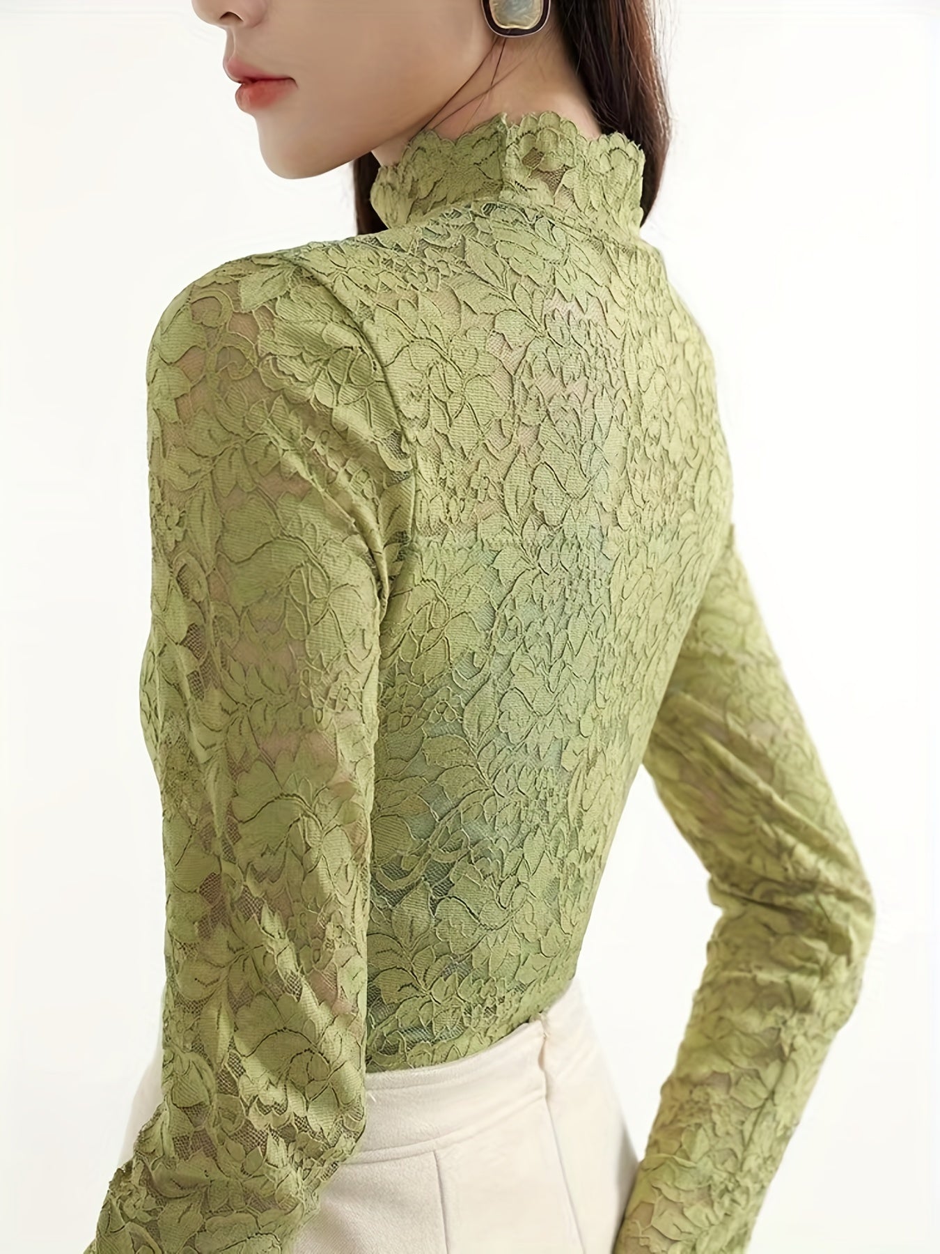 Sexy Lace Mock Neck Long Sleeve Slim Fit Top - Flattering, Breathable, and Comfortable for Spring and Fall - Women's Stylish Clothing for Everyday Wear