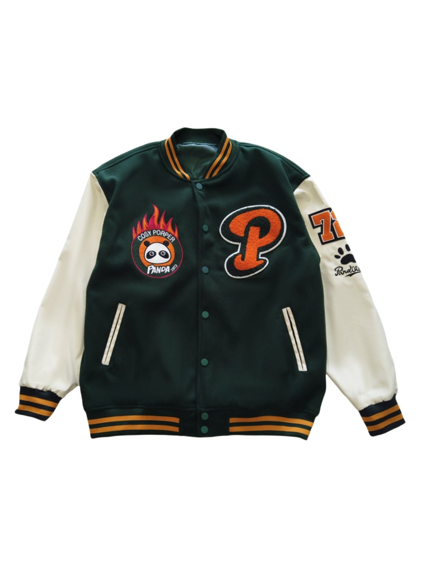 Mens Panda Embroidered Varsity Jacket - Stylish Color Block, Button Up for Spring/Fall - Handcrafted Design, Perfect for School or Casual Wear