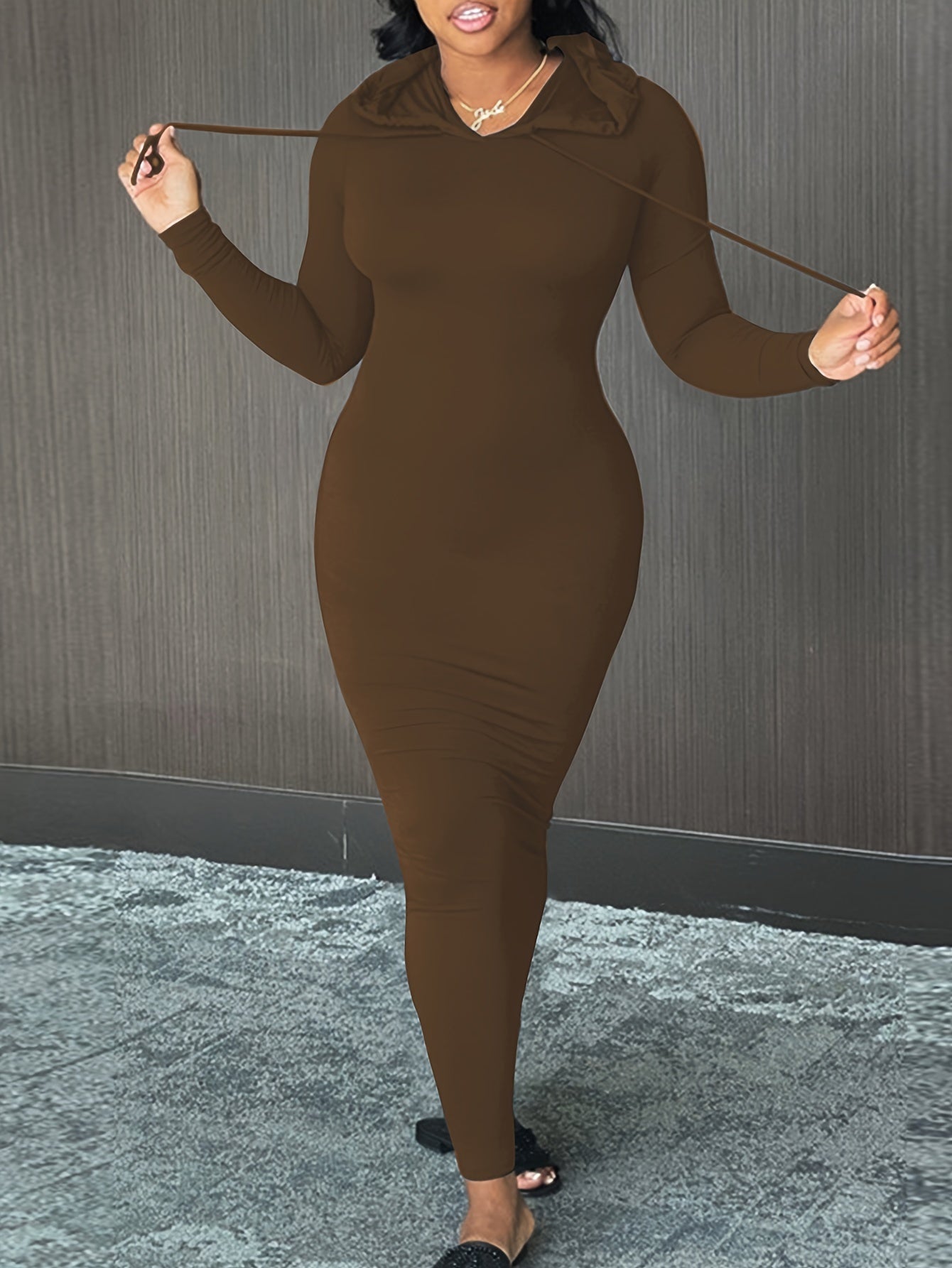 Cozy Winter Hooded Lounge Dress - Casual Wrap Style with High Elasticity, Easy Care, Long Sleeve Knit for Women