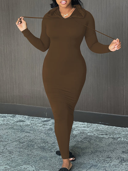 Cozy Winter Hooded Lounge Dress - Casual Wrap Style with High Elasticity, Easy Care, Long Sleeve Knit for Women